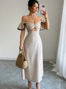 Apricot-colored Fitted Waist V-neck Off-shoulder Polka Dot Flutter Sleeve Long Dress