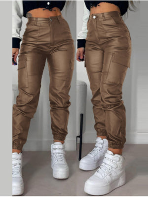Motorcycle Zippered Pleated Pocket PU Tight-fitting Feet Pants