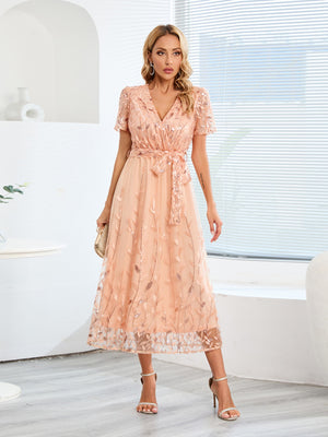 Embroidery And Glitter Mesh Dress V-neck Short Sleeve Maxi Dresses