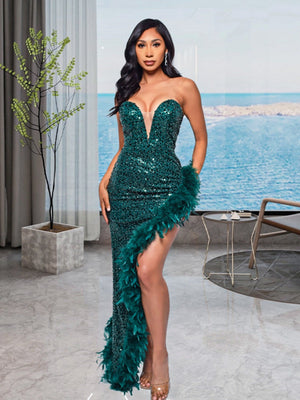 Deep V-neck Sheer Mesh Strapless Backless Sequined Feather Mini Dress