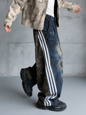 Patchwork Vertical Stripes Camouflage Washed Machete Jeans