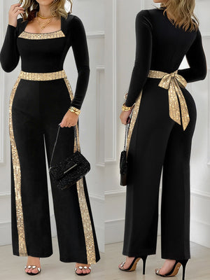 Sequined Black Square Neck Slim Waist Jumpsuit