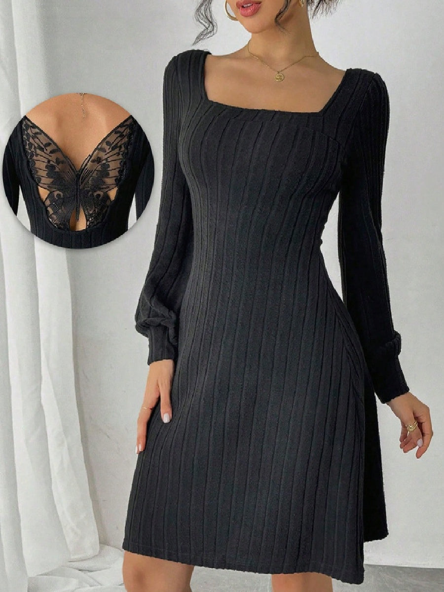 Black Long Sleeve Mesh Butterfly Embroidery Patchwork Mini&Short Dresses