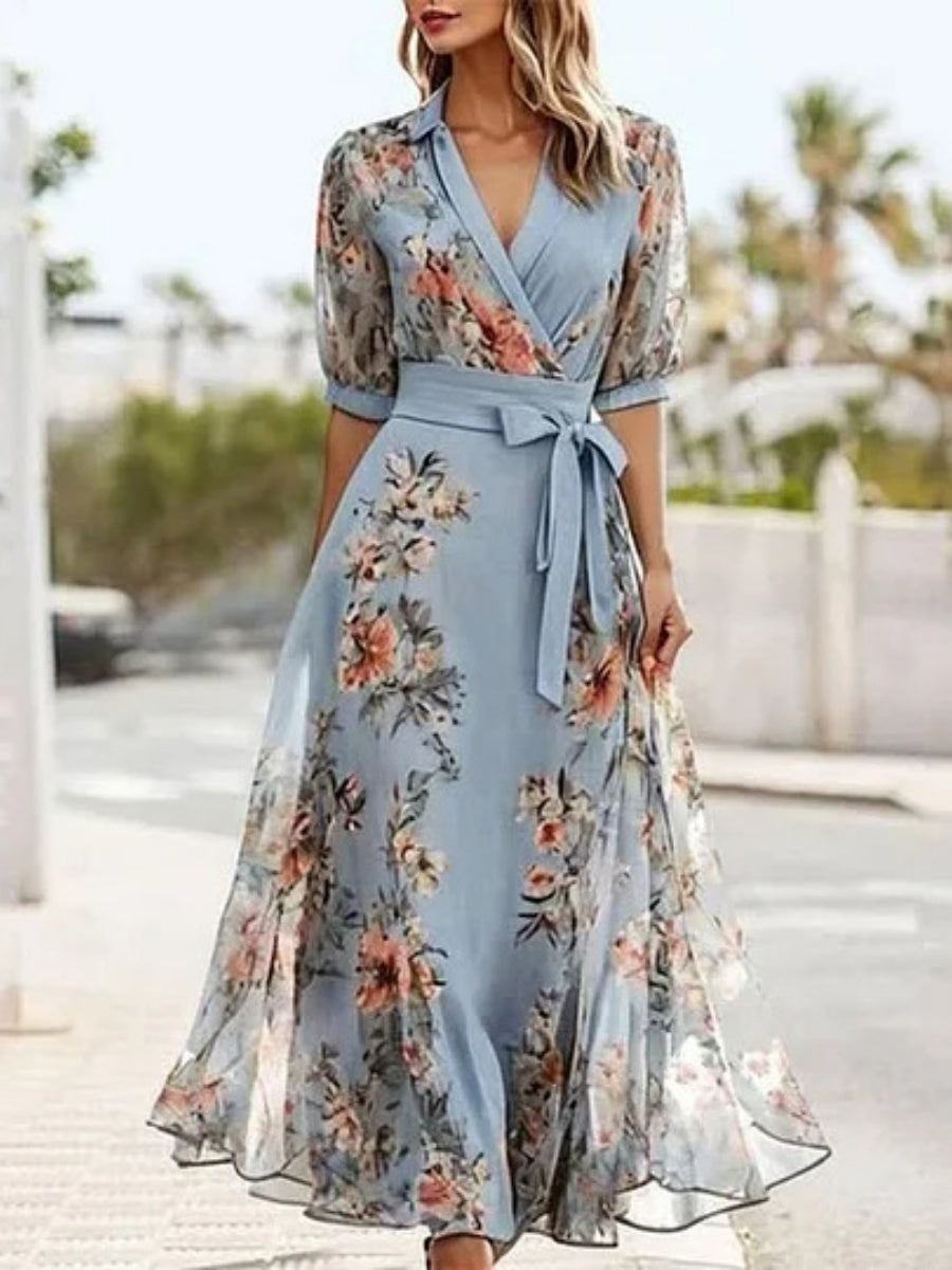 Digitally Printed Floral Short-Sleeve V-Neck Slim Waist Maxi Dresses