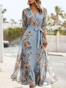 Digitally Printed Floral Short-Sleeve V-Neck Slim Waist Maxi Dresses
