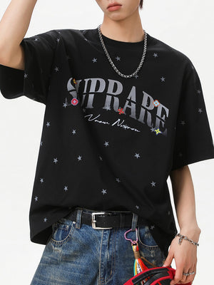 Full Stars Color-blocked Letter Printed T-shirts