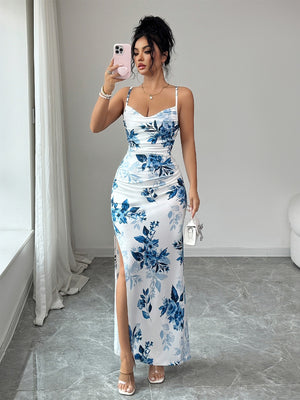 Blue Floral Halter-neck Elegant Bodycon Off-shoulder Long Dress