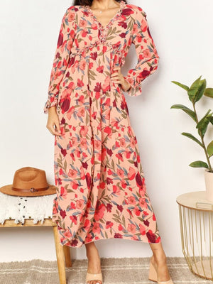 Robes maxi à imprimé floral, col en V et manches lanternes