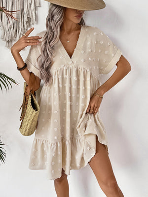 Ruffled Hem V-neck With Rolled-up Sleeves Mini&Short Dresses