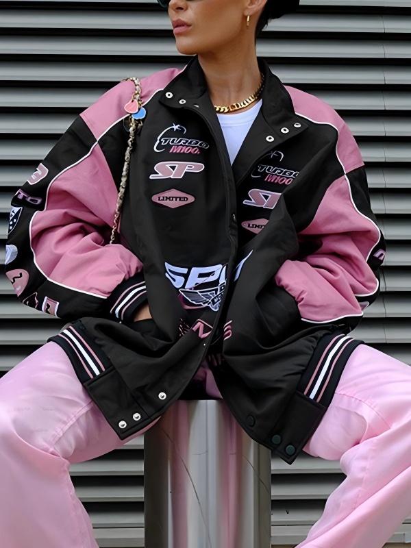 Pink Pink Casual Long-Sleeve With Letter Print Jackets