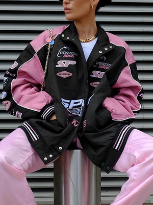 Pink Pink Casual Long-Sleeve With Letter Print Jackets