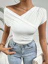 Pleated Asymmetrical Collar V-neck Short-sleeved T-shirt