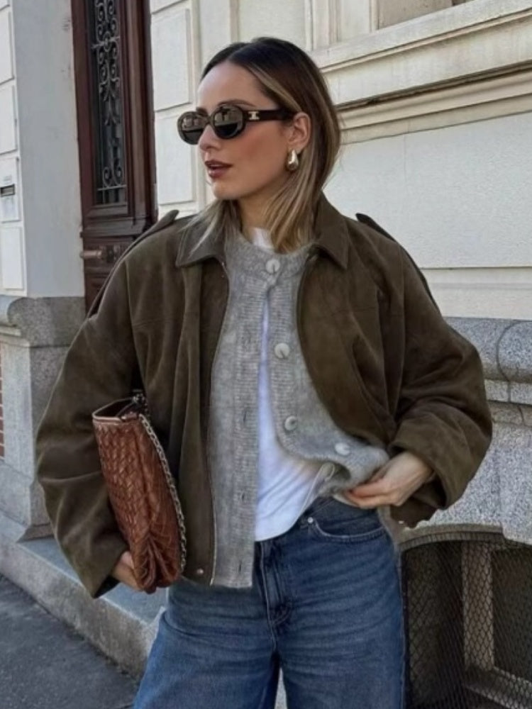 Suede Commuter Casual Style Long-sleeved Zipper Textured Jacket