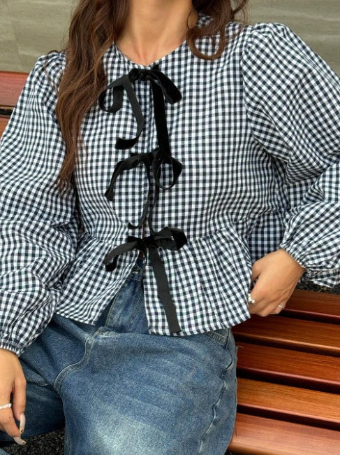 Asian Korean Style Plaid Loose Bow Long-sleeved Shirt