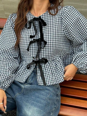 Asian Korean Style Plaid Loose Bow Long-sleeved Shirt