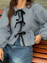 Asian Korean Style Plaid Loose Bow Long-sleeved Shirt