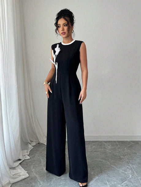 Embroidery Round Neck Sleeveless Wide-leg Jumpsuit