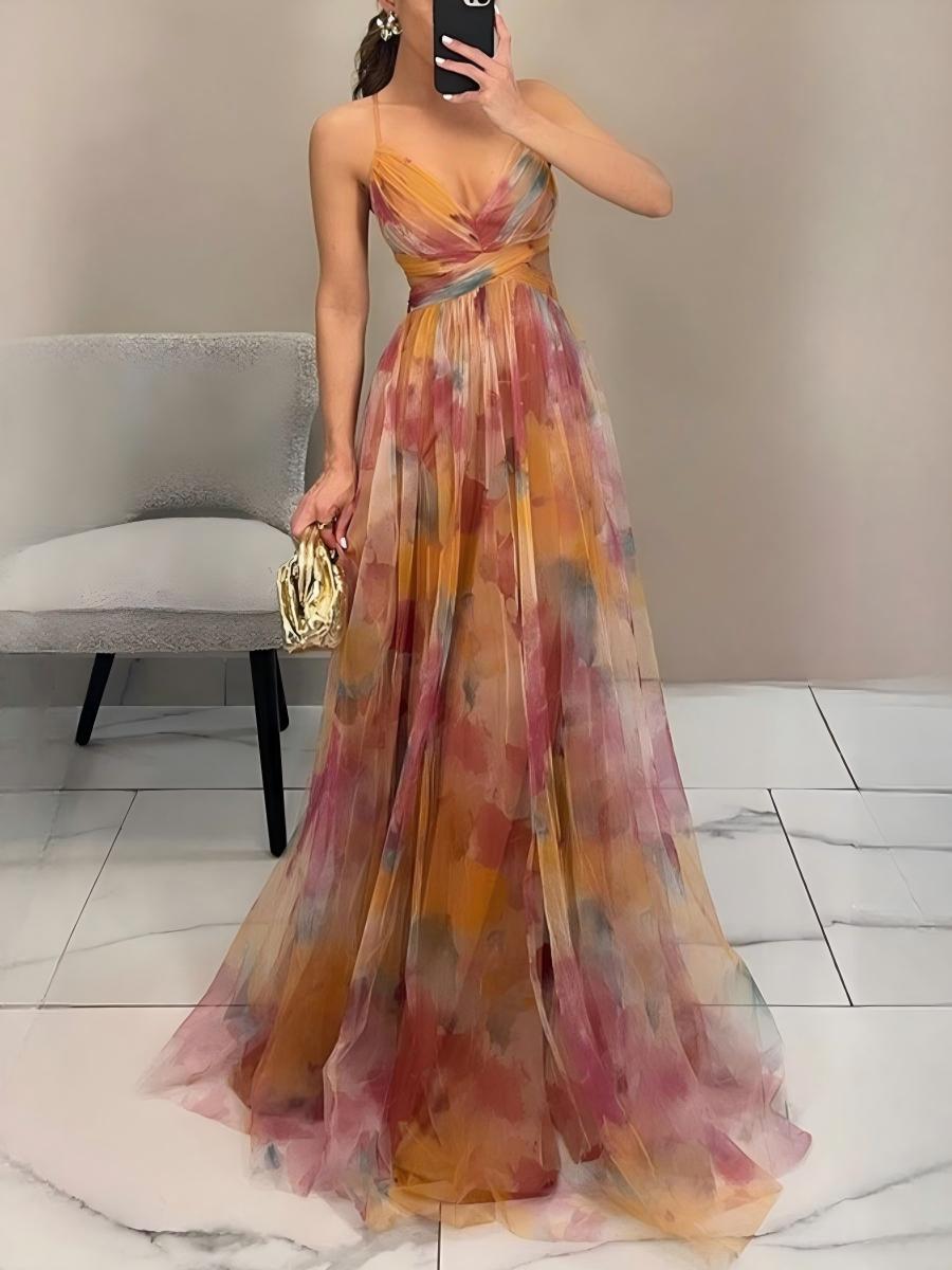 Mesh Floral Print Long Dress