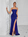 Fitted Strapless Serrated Long Dress With Sequins