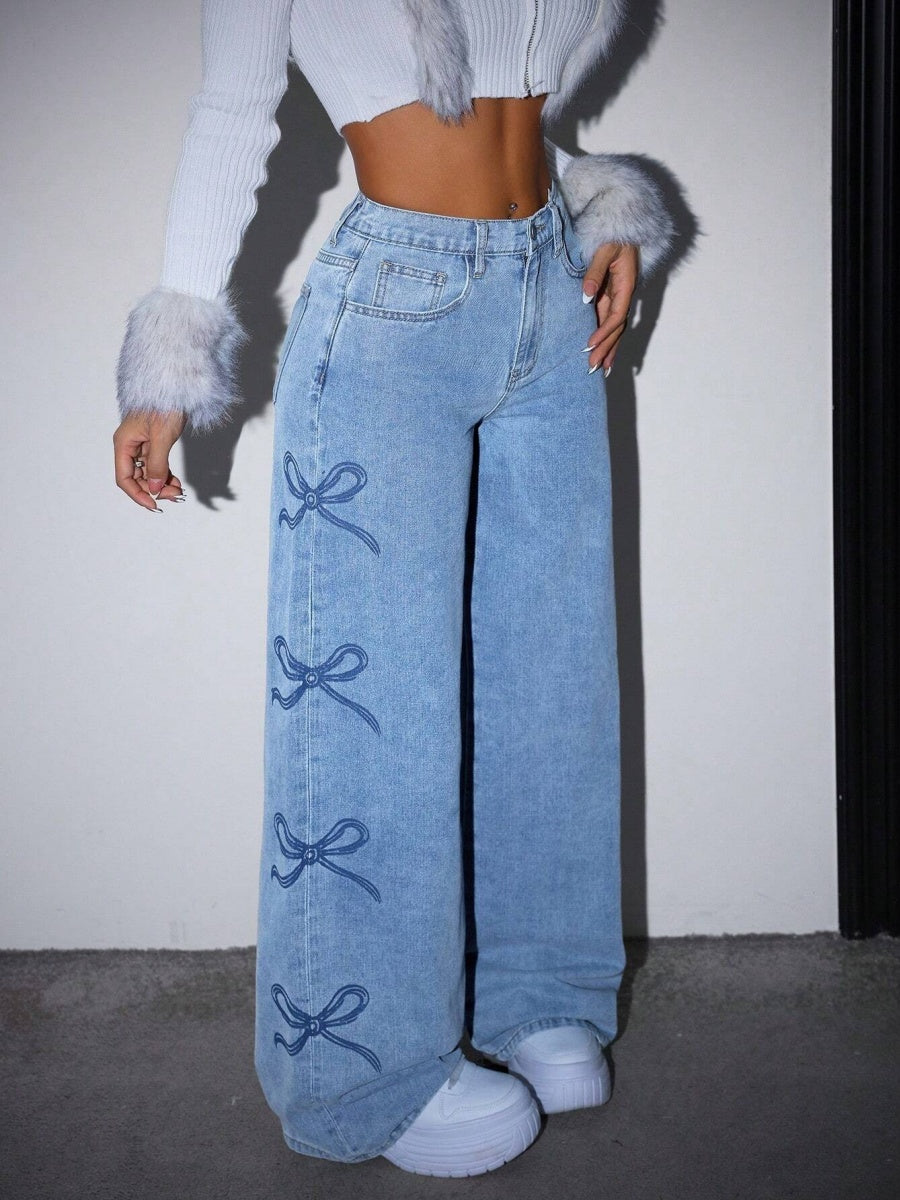 Y2K Spice Girl High Waist Wash Water Bow Straight Jeans