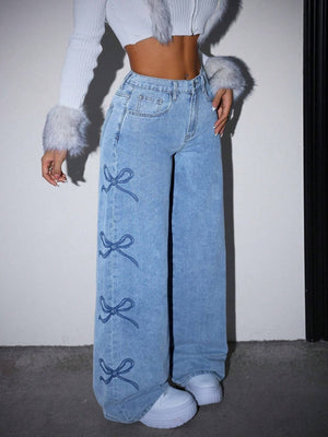 Y2K Spice Girl High Waist Wash Water Bow Straight Jeans