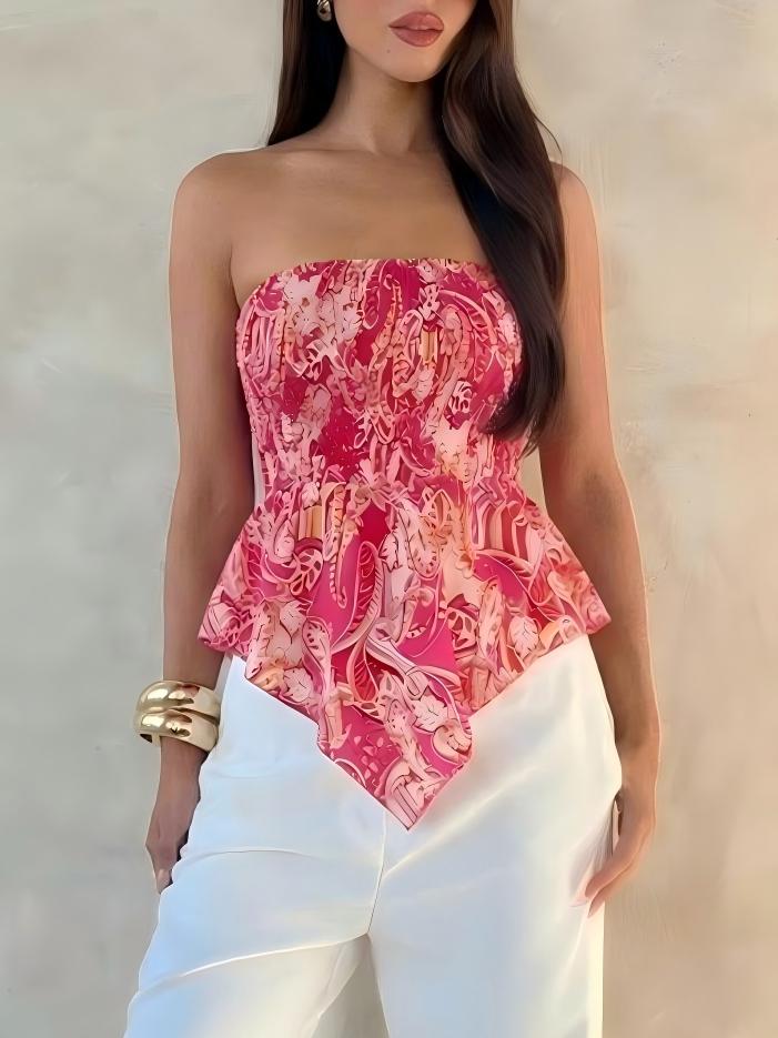 Sleeveless Strapless Dress With Gathered Waist And Ethnic Print