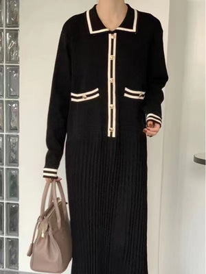 Lapel Contrasting Trim Elegant Chanel Style Pleated Loose Long Knitted Dress