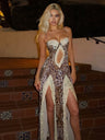 Lace-trimmed Leopard Print Slit Halter Dress