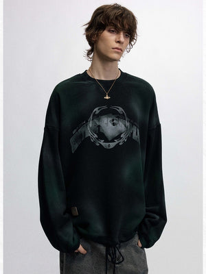 Plush Thickening Two-color Inkjet Printing Hem Drawstring Crew Neck Sweatshirt