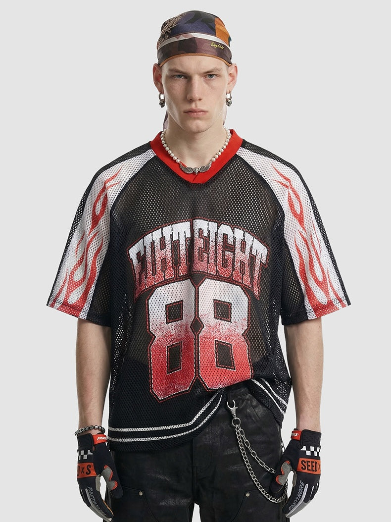 Flame Printed Net Hole Jersey Loose-fit Breathable T-shirts