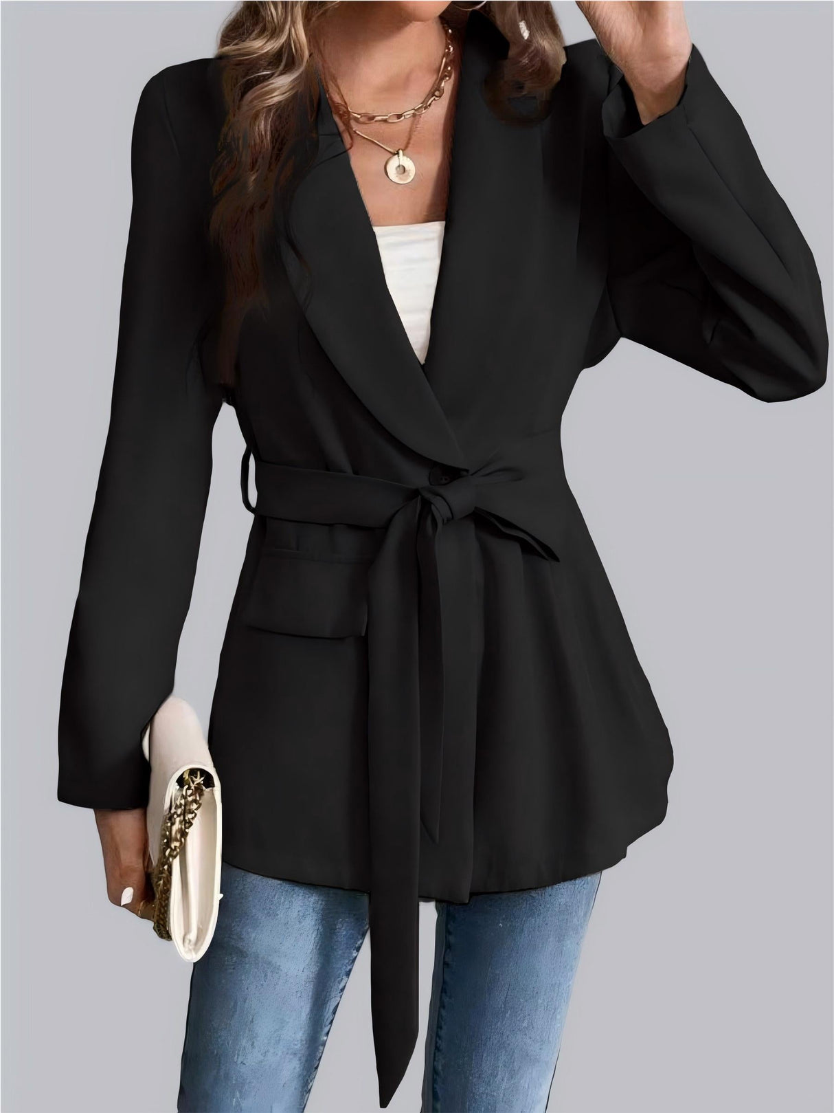 Business-Blazer mit grünen Fruchtkragen, Schnürung und langen Ärmeln