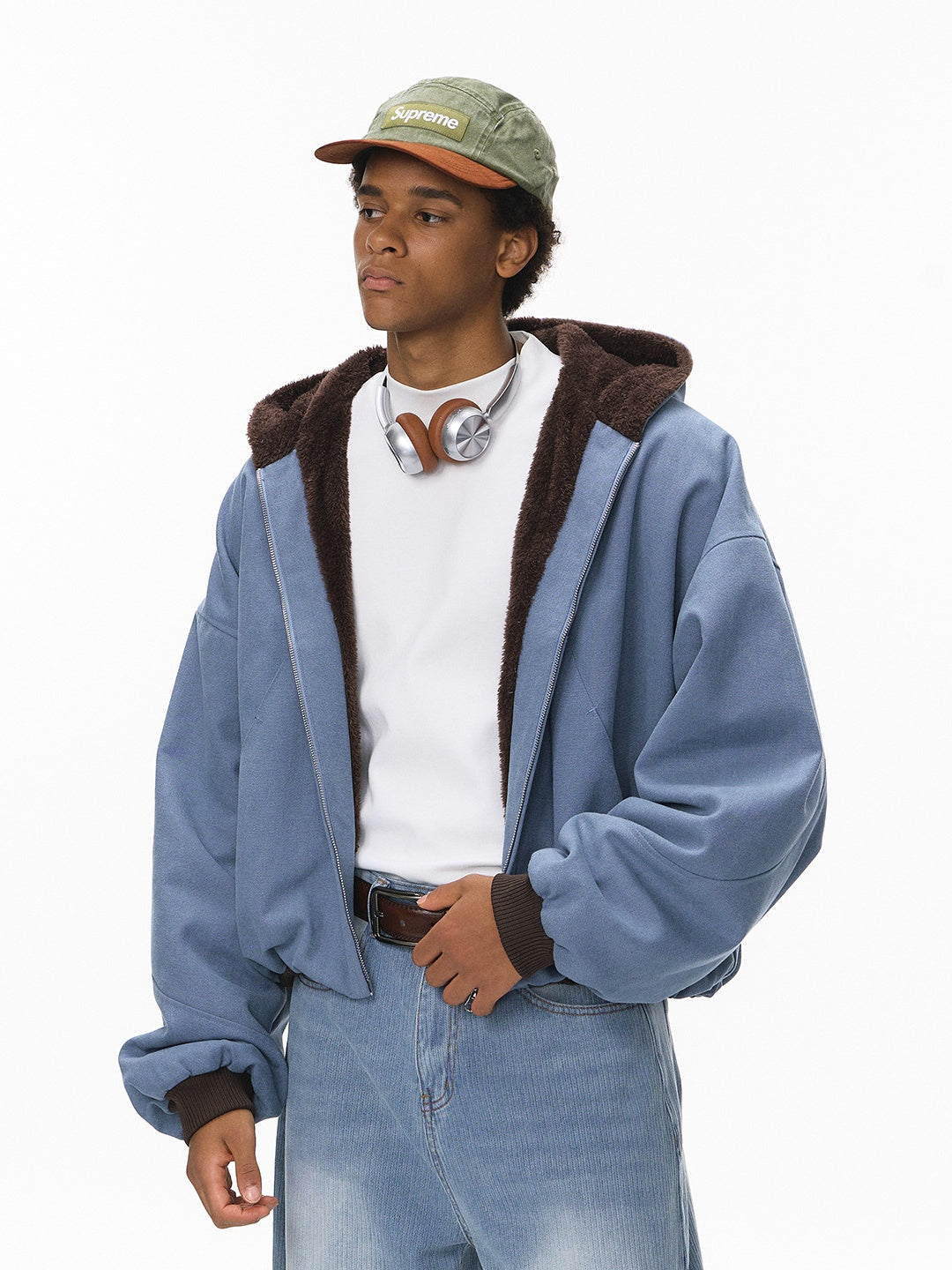 Short Plush Ins Contrasting Colors Hooded Zipper Jacket