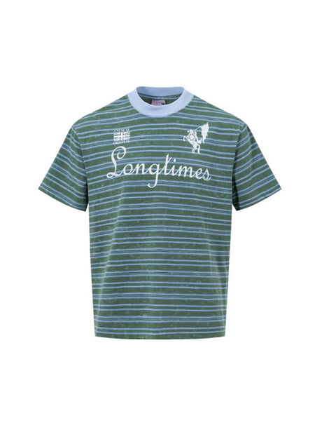 Distressed Letter Printed Color-blocked Stripes T-shirts