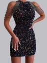 Halter Neck, Off-shoulder, Tassel, Bodycon, Crystal-trimmed Sequined Short Dress