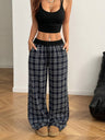 Plaid Drawstring Retro Drape Wide-leg Plaid Pants Elastic Waist Comfortable Straight Trousers
