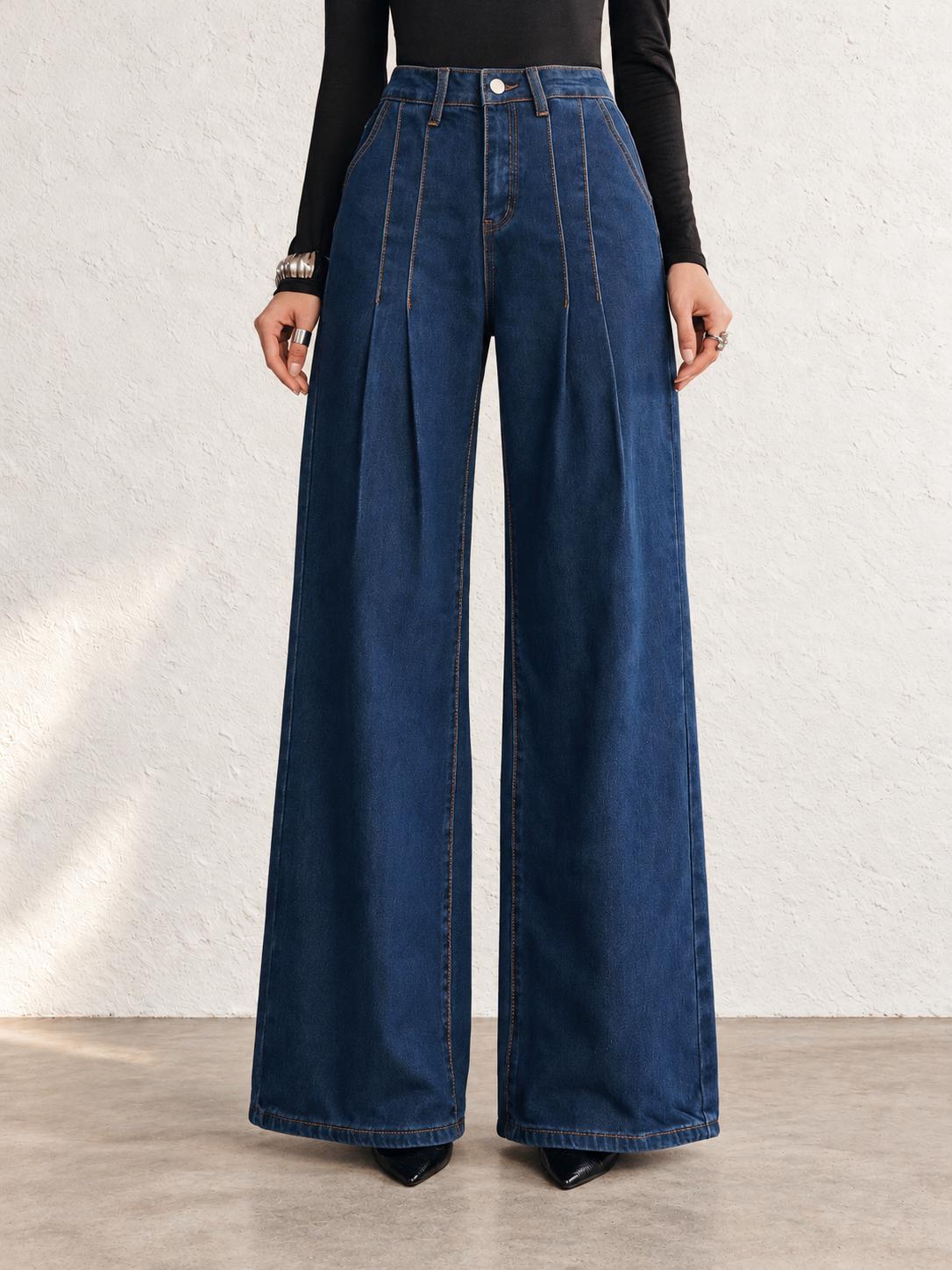 Women's Dark Washed High-Waisted Pleated Wide-Leg Jeans For Autumn/Winter