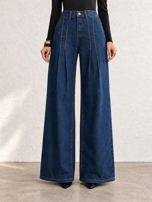 Women's Dark Washed High-Waisted Pleated Wide-Leg Jeans For Autumn/Winter
