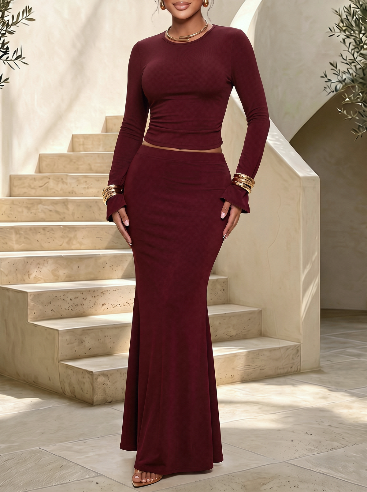 Long-sleeved Round Neck Top With Irregular Hem And Fishtail Pencil Skirt Two-piece Set