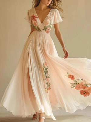 Floral Print V-neck Short Sleeve Maxi Dresses