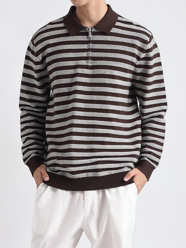 Old-Money Polo-Collar Striped Notch-Collar Knit Top,Gifts for Men