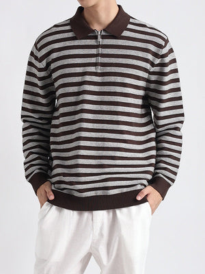 Old-Money Polo-Collar Striped Notch-Collar Knit Top,Gifts for Men