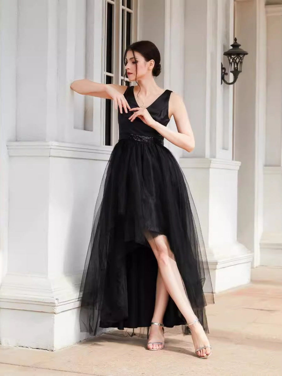 Mesh V-neck High Waist Black Parties Long-sleeved Dress