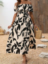 Ruffled Leaf Print Off-Shoulder Long Dress
