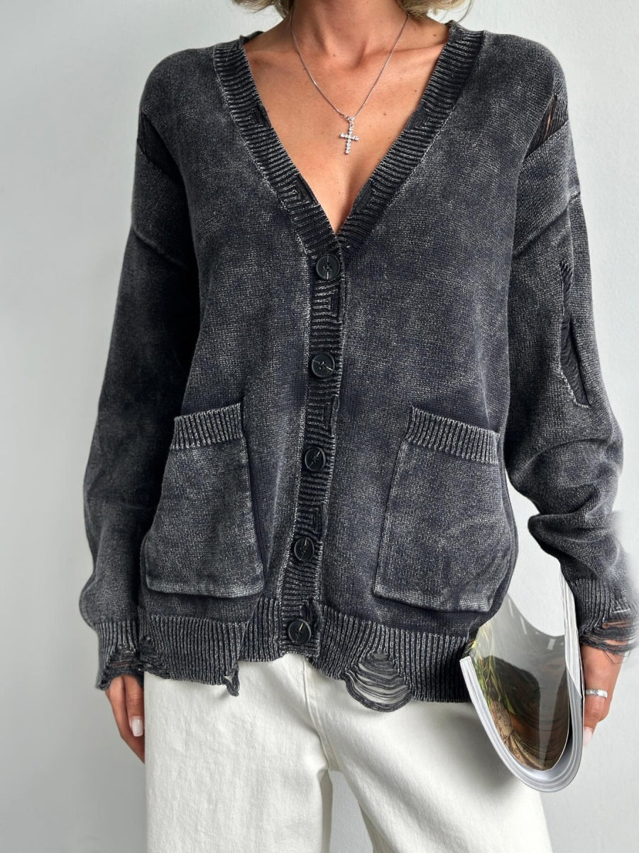 Liber Autumn women's washed and distressed clothing V-neck hand-distressed cardigan sweater