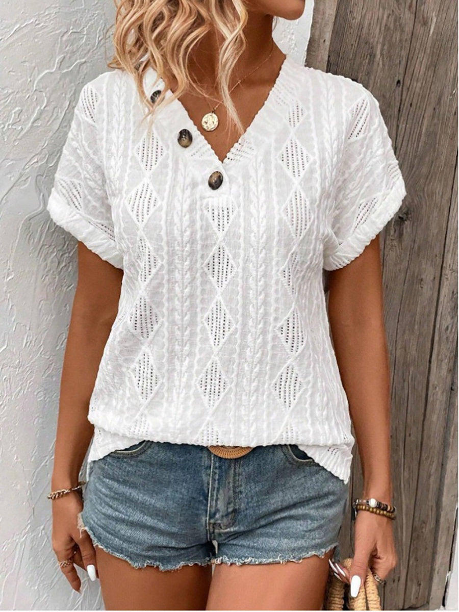 V-neck Button-down Loose Short-sleeved T-shirt