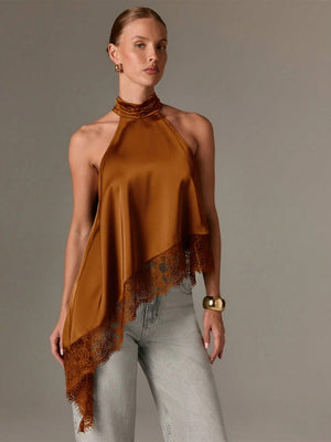 Halter Neck Lace Irregular Hem Spaghetti Strap