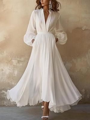Long Sleeve V-neck Solid Color Pleated Belted Long Dress