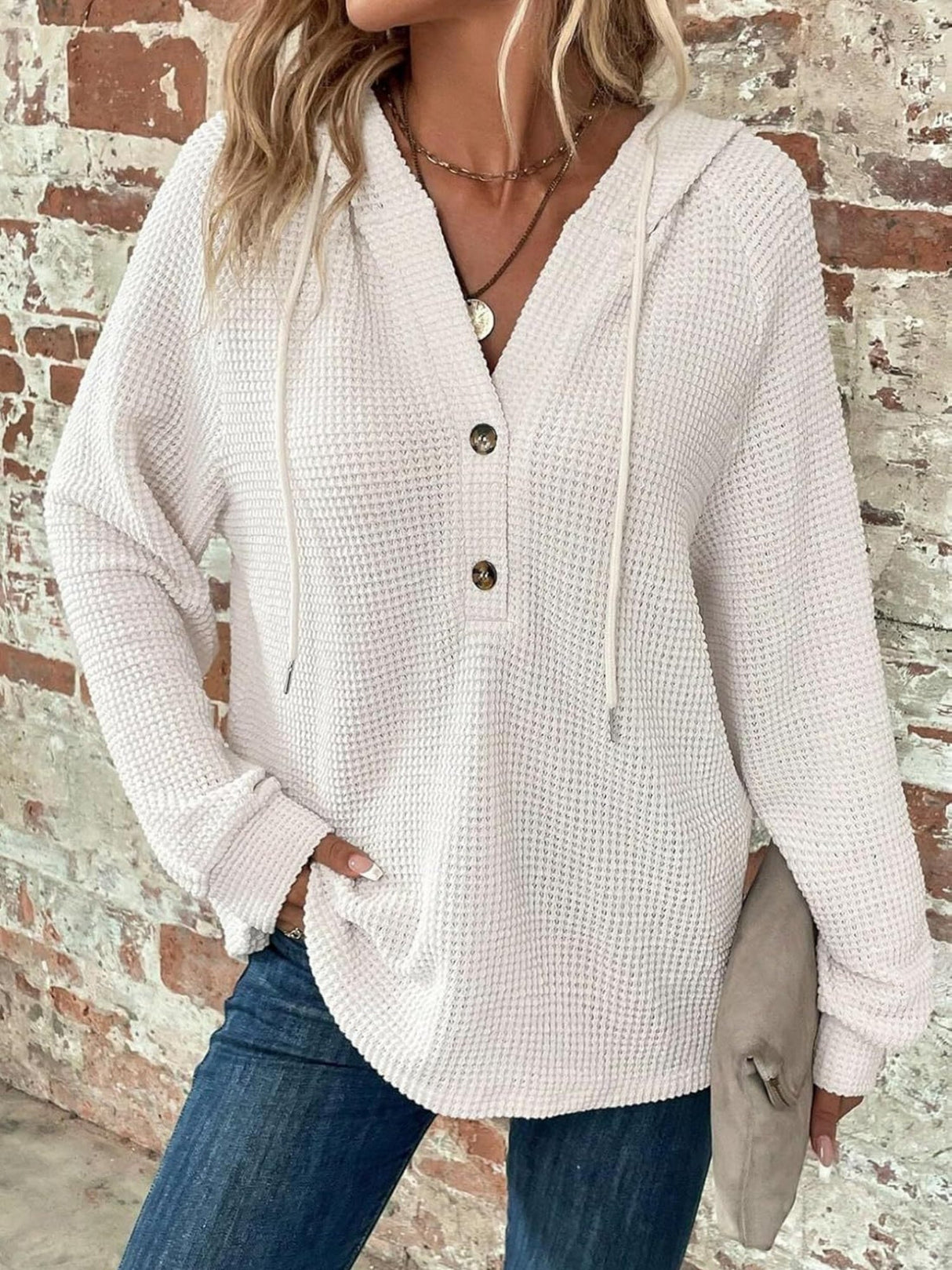 Waffle Drawstring Buttons V-neck Long Sleeve Hoodie