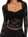 Lace See-through Square Neckline And Fitted Waist Long-sleeved T-shirt
