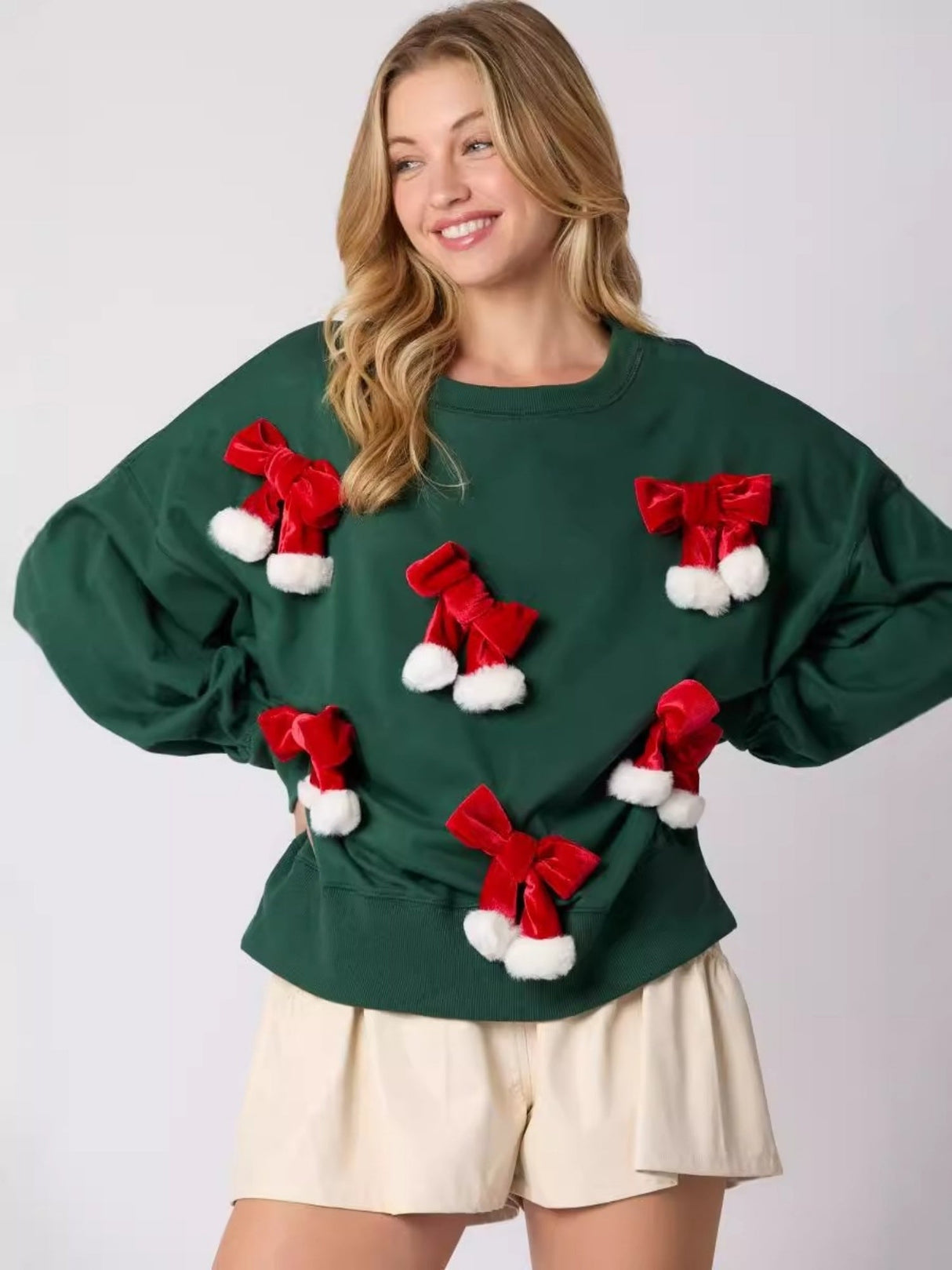 Christmas Bow Decorated Top Casual Long Sleeve Pullover Sweatshirt